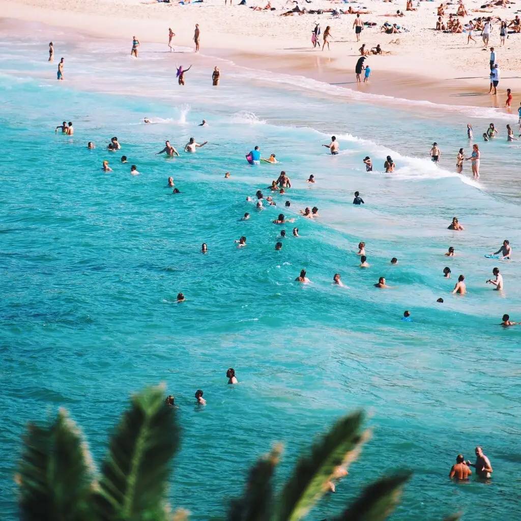 sea, ocean, blue, water, waves, nature, beach, coast, sand, shore, people, crowd, family, friends